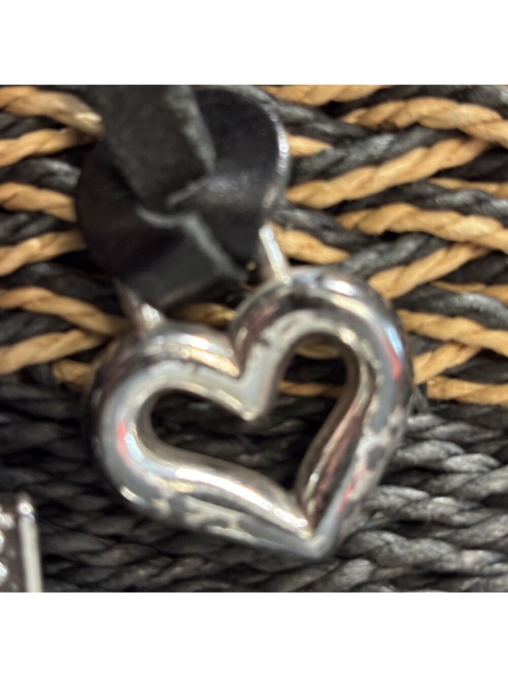 Brighton Savannah Black & Tan Braided Woven Handbag Heart Charm Accent - Picture 12 of 13